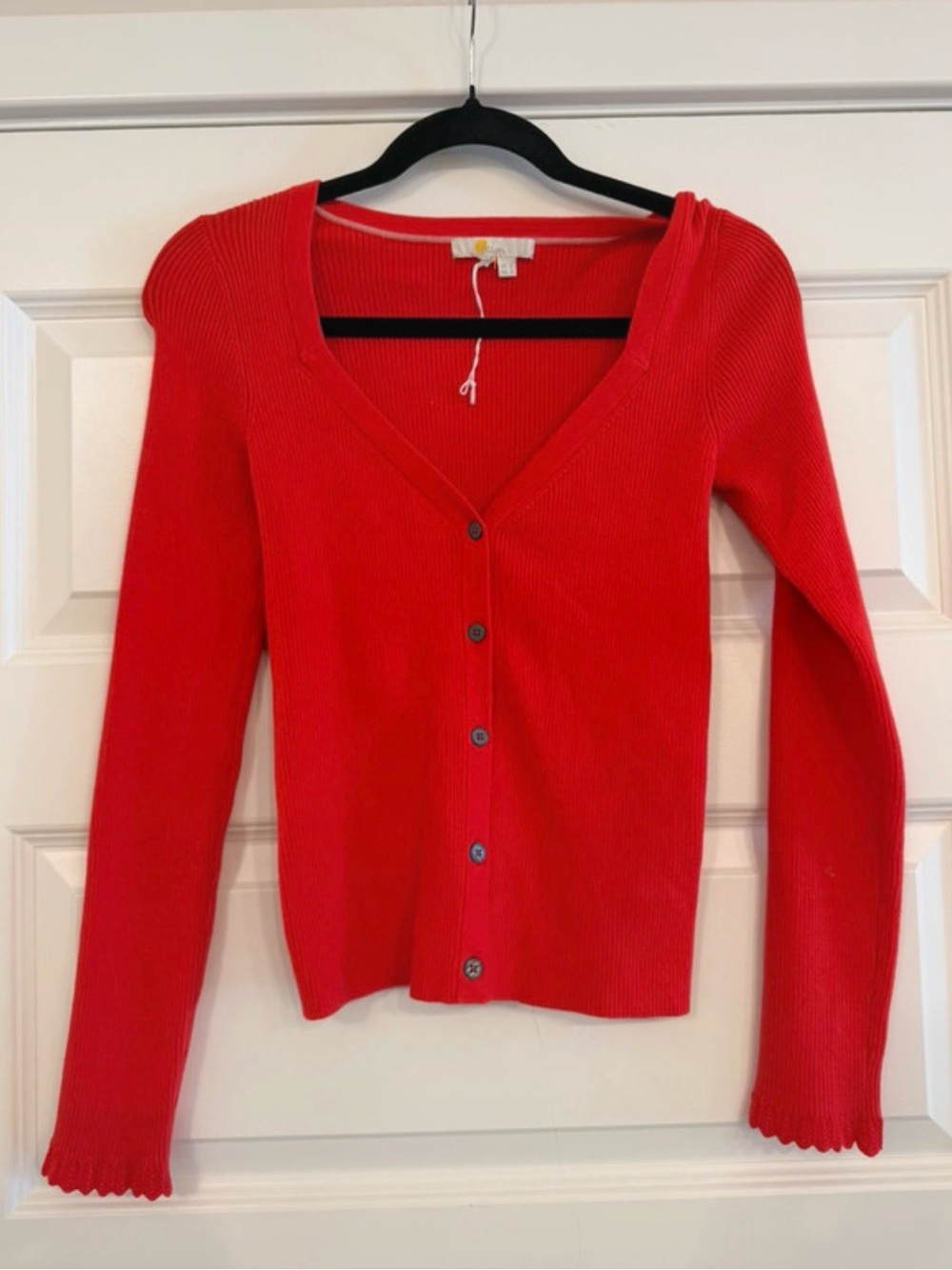 Boden Red Ribbed V-Neck Button Cardigan